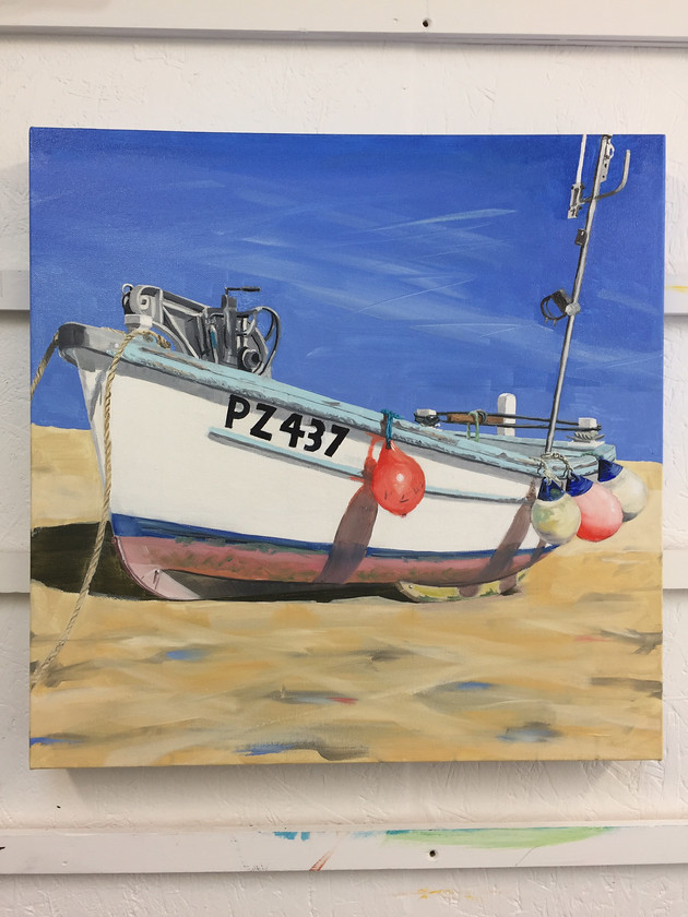 Petes Boat 
 Not for sale. Acrylic on Canvas. Unframed 50cms x 50cms x 3.5cms. Stock No. 330/2017/04 
 Keywords: Boat, fishing, St Ives, Harbour, Sea, Marine, Painting, Contemporary, Cornwall, Acrylic