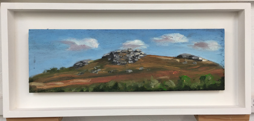 Hill Stack 
 Oil on Ply, painted plen aire. Framed 21x46x3cms. Stock No. 378/2018/12. Price sold 
 Keywords: Art, oil painting, plen aire, Contemporary, art, granite, hills, Zennor, Cornwall, St Ives, coast road, Penwith, Landscape