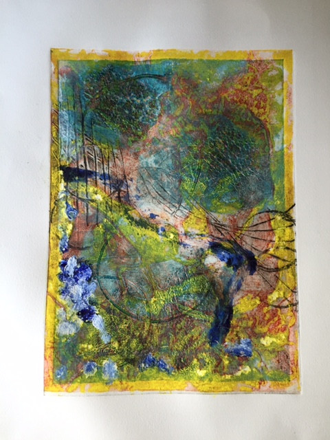 Mix Up II 
 Collagraph original 1/1. Unframed 56x38cms. Stock No.276/2016/05. Price 195. 
 Keywords: Collagraph, mix, multiple, image, art, yellow, blue, red, abstract