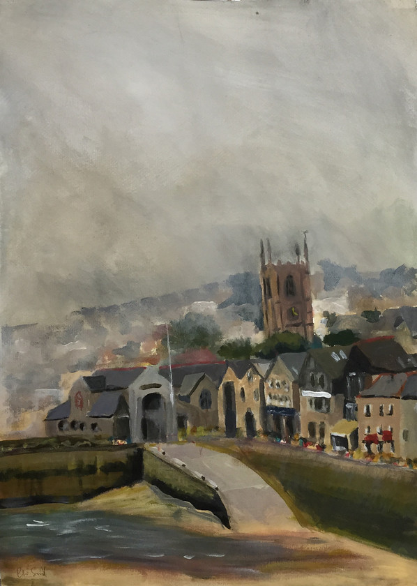 St Ia s Church & Lifeboat station, St Ives 
 Landscape, painted plein aire, acrylic on Fabriano paper. Unframed 70x50cms(hxw). Stock No. 048/2014. Price 200 
 Keywords: Landscape, townscape, plein aire, Church, St Ia, St Ives, Lifeboat, Station, misty, morning, acrylic, painting, Fabriano, paper, art