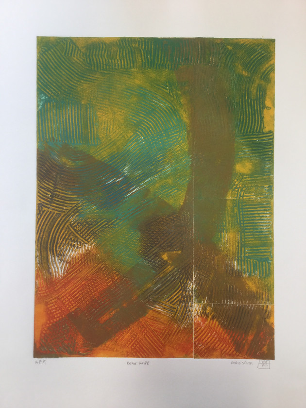 Beige Scrape 
 Collagraph A/P 1/1. Unframed 56x38cms (hxw). Stock No.322/2017/02. Price 225. 
 Keywords: Collagraph, Print, Art, Abstract, Colour, Green, Beige, Orange