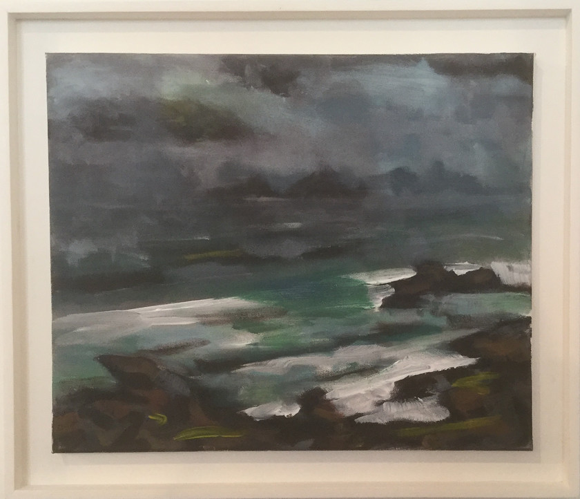 The Brisons 
 Expressive landscape, acrylic on canvas. Framed 47.5x55x2.5 cms(hxwxd). Stock No. 145/2015. Price Sold. 
 Keywords: Expressive, Landscape, The Brisons, Cape Cornwall, ocean, Atlantic, sea, acrylic, painting, art