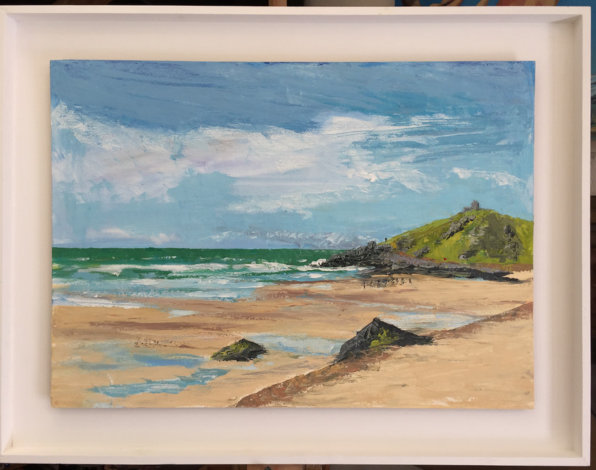 Porthmeor in June 
 Oil on Ply. Framed 66x85cms. Stock no. 367/2018/03. Price 1,250. 
 Keywords: Oil painting, Landscape, Contemporary, Cornwall, Art, Porthmeor, St Ives, Atlantic, Beach