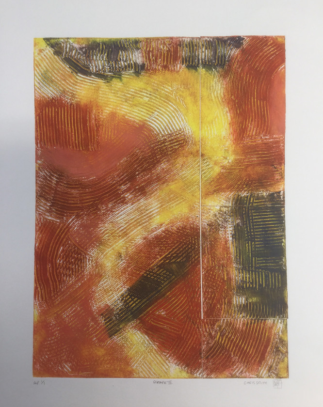 Scrape III 
 Collagraph original print 1/1. Unframed 56x38 cms. Stock No. 298/2016/12. Price 195. 
 Keywords: Collagraph, scrape, abstract, expressive, art, multi coloured