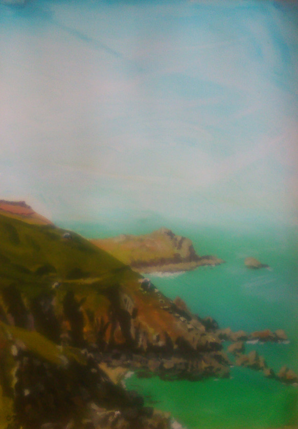 Zennor Cliff to Gurnards Head 
 From Zennor Cliff to Carnelloe Cliff and Gurnards Head beyond. Pendour and Veor Coves in the foreground. Acrylic on Fabriano paper, unframed, 100cm x 70cm. Stock No.046/2014/07. Price 850. 
 Keywords: Zennor, Cliff, Carnelloe, Gurnards Head, Pendour, Veor, Coves, Landscape, Seascape, Sea, Beach, Rocks, Expressive, Atmospheric