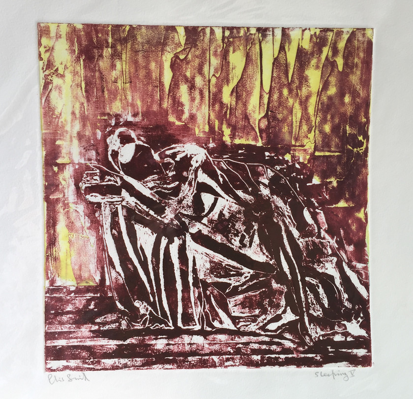 Sleeping V 
 Collagraph on paper 1/1. Unframed 37.5x56 cms. Stock no. 216/2016/03. Price 245. 
 Keywords: Collagraph, Cornwall, Art, Print, Expressive, Contemporary, Nude, Figurative, St Ives