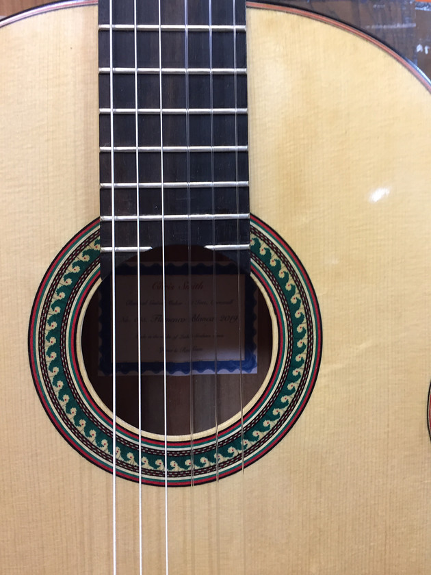 Chris Smith No.5 Rosette 
 View of rosette on the Chris Smith handmade Flamenco guitar No.5. Price of this guitar is 3,250. 
 Keywords: #rosette, #flamenco, #spanish, #guitar, #classical, #luthier, #St Ives, #handmade,