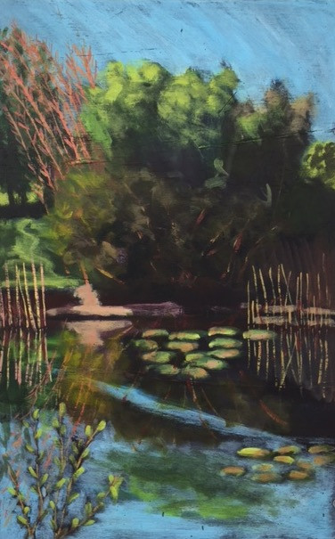 Kev s Pond 
 Landscape, acrylic on plywood. Unframed 62x40cms (hxw). Stock No. 286/2016. Price 495. 
 Keywords: Landscape, pond, lake, Cornwall, Towednack, Higher Bussow, water lilies, reeds, fish, art, painting, acrylic.