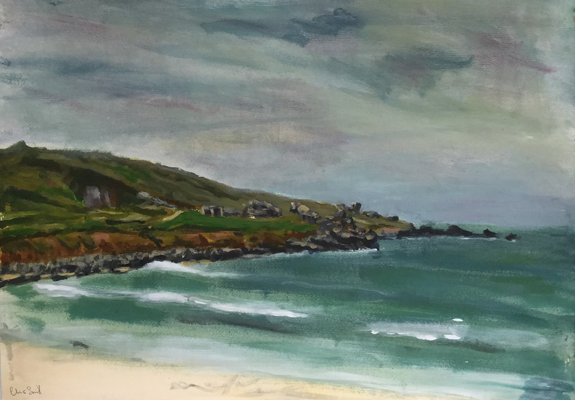 Clodgy Point 
 Landscape, painted plein aire, acrylic on Fabriano paper. Unframed 50x70cms (hxw). Stock No. 040/2014. Price 200. 
 Keywords: Landscape, plein aire, Clodgy, Porthmeor, Point, Atlantic, St Ives, ocean, death, painting, acrylic, art, Fabriano, paper