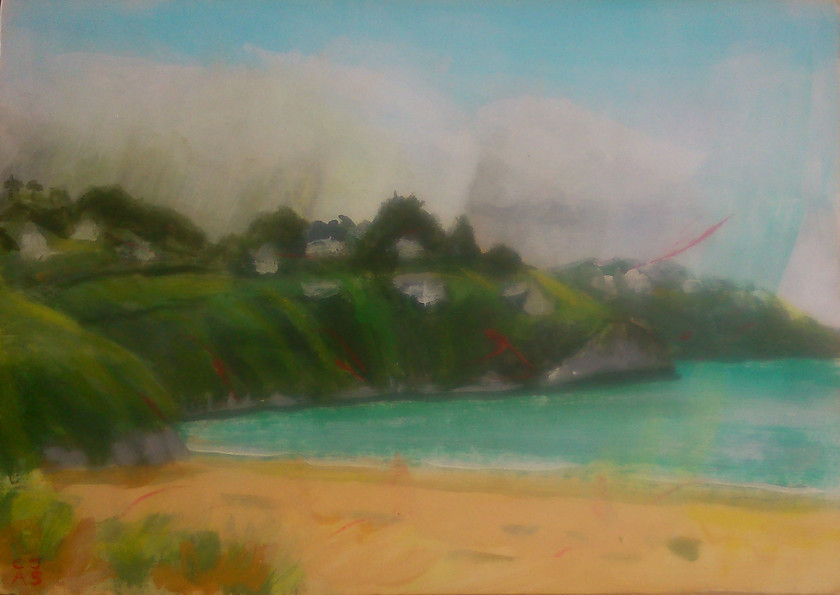 Hawkes Point & Carbis Bay from Porthkidney Sands 
 Painted plein air, acrylic on mountboard. Unframed 29x41cms(hxw). Stock No. 284/2014. Price Sold 
 Keywords: Hawkes Point, Carbis Bay, St Ives, Porthkidney, Sands, Sea, Landscape, Expressive, Beach, Ocean, Atlantic