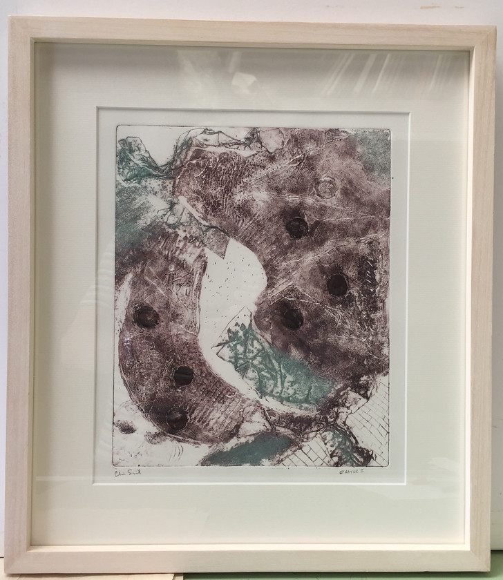 Crater I 
 Collagraph on paper 1/1. Framed 48x42. Stock no. 169/2015/11. Price 275. 
 Keywords: Collagraph, Cornwall, Art, Print, Expressive, Contemporary, Abstract, St Ives