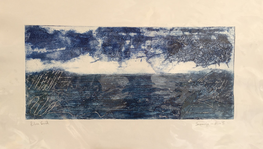 Seascape in blue I 
 Collagraph on paper. Framed 38x62. Stock no. 173/2015/10. Price Sold 
 Keywords: Collagraph, Cornwall, Art, Print, Expressive, Contemporary, Ocean, St Ives