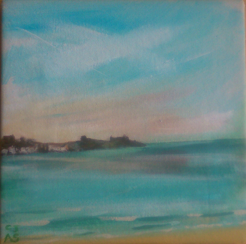 DSC 0651 
 The Island, St Ives from Porthkidney Sands. Acrylic on canvas, unframed, 12in x 12in. Painted Plein Air 
 Keywords: The Island, St Ives, Cornwall, Porthkidney, Sands, Sea, Atlantic, Ocean, Landscape, Painting , Expressive