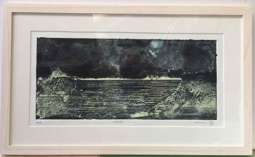 Nightscape 
 Collagraph on paper 1/2. Framed 38x56 cms. Stock no. 323/2017/03. Price 295. 
 Keywords: Collagraph, Cornwall, Art, Print, Expressive, Contemporary, Ocean, Beach, Seascape, St Ives