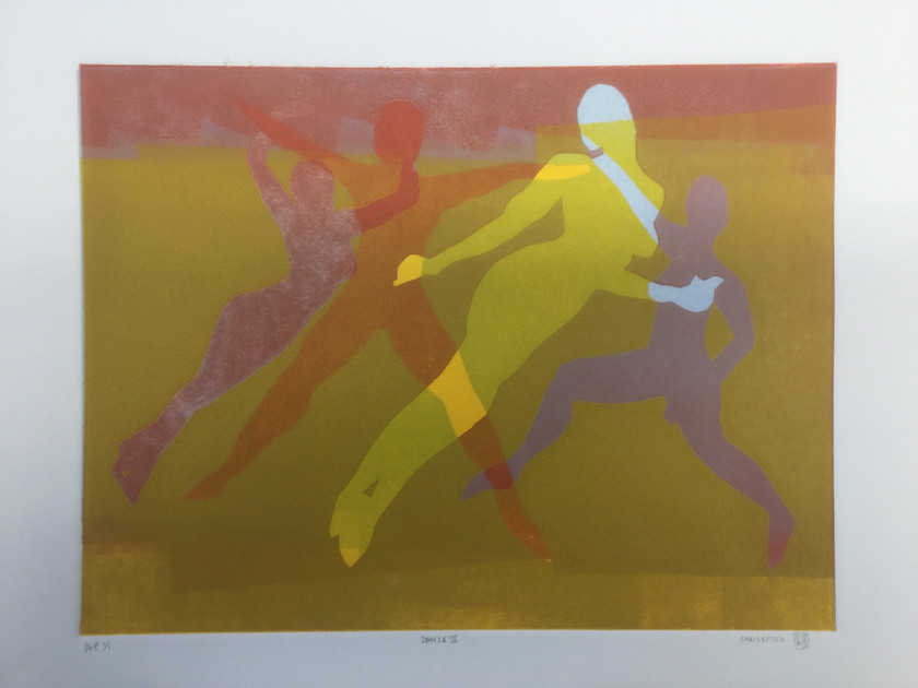 Dance III 
 Multiple layered monoprint. Artists proof 1/1. Framed 44x53 cms. Stock No. 294/2016/12. Price 295. 
 Keywords: Monoprint, dance, girls, women, ballet, art, abstract,