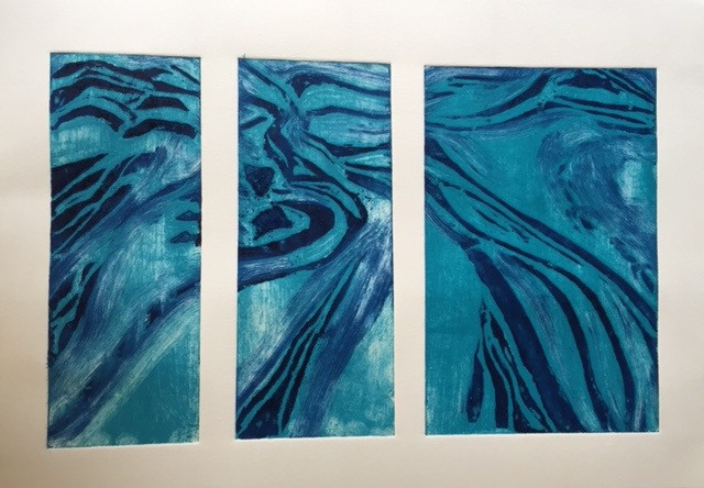 Tide In 
 Collagraph original print tryptich 1/1. 44x62 cms framed. Stock No. 255/2016/06. Price 275. 
 Keywords: Collagraph, original, print, tryptich, tide, in water, ocean, sea, ebb, flow, underwater