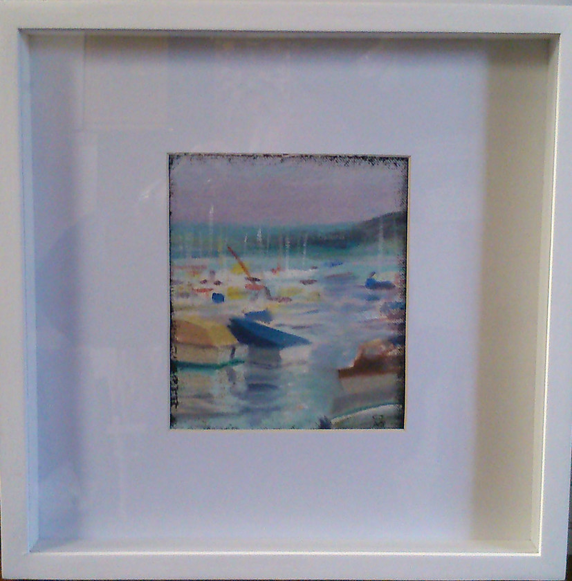 DSC 0214 
 Boats in Poole Harbour viewed Sandbanks. Oil on canvas, framed, frame size 13in x 13in. 
 Keywords: Poole Harbour, Poole, Harbour, Sea, Boats, Yachts, Landscape, Summer, Water