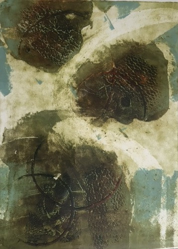 Etruscan I 
 Collagraph original print 52.5 x 42.5 cms framed. Stock No. 174/2015/10. Price 275. 
 Keywords: Collagraph, Original, Print, Abstract, Etruscan, Ancient,