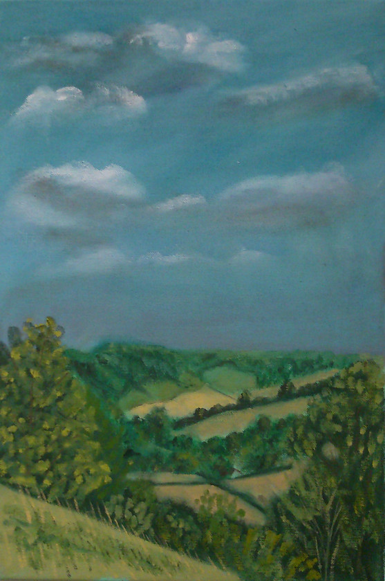 Chilterns Towards the Golden Ball 
 Bledlow towards the Golden Ball, West Wycombe. Oil on canvas, unframed StockNo.L/062/2013/08 30.5x45.5x1.5 (hwd cm) Price 150 
 Keywords: Buckinghamshire, Green, Rural, Fields, Summer, Bledlow, Golden Ball, West Wycombe, Chiltern Hills, Area of Outstanding Natural Beauty