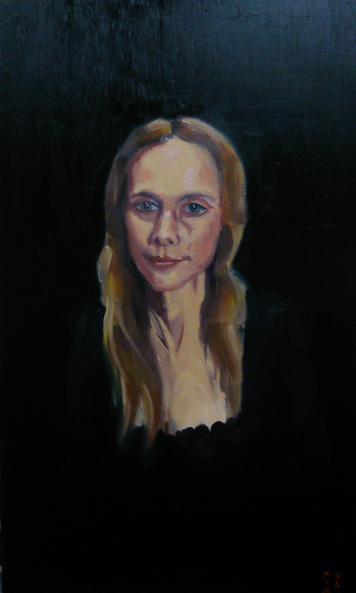 DSC 0261 
 Gemma Oil on ply Stock No. L/186/2012/08 49.5x31x3 (hwd cm) Price 300 
 Keywords: Portrait Oil on ply Gemma figurative