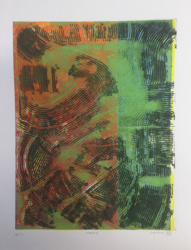 Scrape II 
 Collagraph original print 1/1. Unframed 56x38 cms. Stock No. 297/2016/12. Price 225. 
 Keywords: Collagraph, scrape, abstract, expressive, art, print, green