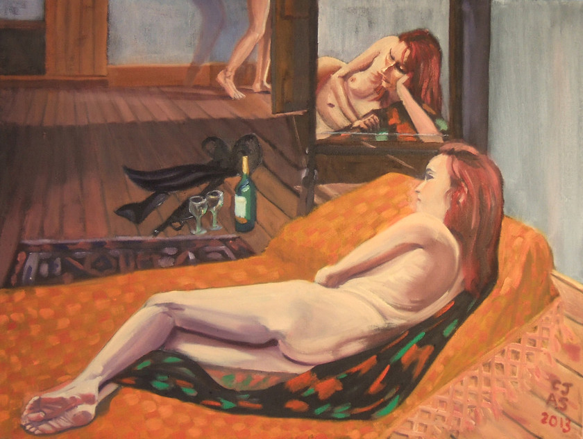 Sarah Assignation 
 Oil on cloth Stock No.L/001/2013/03 46x61x4.5 (hwd cm) Price 450 
 Keywords: Nude assignation sex romance woman lust