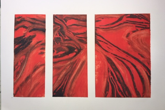 Lava Flow 
 Collagraph original print tryptich 1/1. 44x62 cms framed. Stock No. 256/2016/06. Price 275 
 Keywords: Collagraph, original, print, tryptich, lava, flow, volcano, volcanic, red