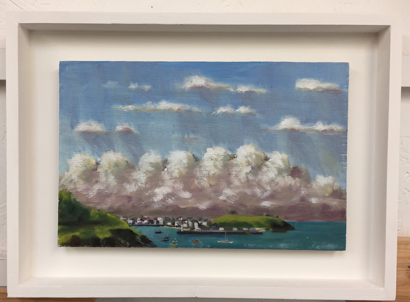 Summer Storm 
 Oil on Ply. Framed 28.5x38.5x3cms. Stock No. 382/2018/12. Price 175. 
 Keywords: Oil painting, storm, weather, summer, St Ives, the Island, Sea, Seascape, Landscape, Contemporary, Art, Painting, Cornwall