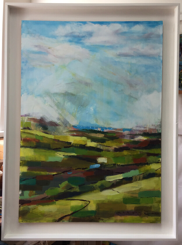 Penwith Fields 
 Towards Mounts Bay from Bojuthnoe Farm. Acrylic on Fabriano paper and plywood. Framed 115.5x85.5cms. Stock No.515/2014/2024. Price 1,250. 
 Keywords: #painting #acrylic #landscape #fields #cornwall #contemporary #colour #penwith