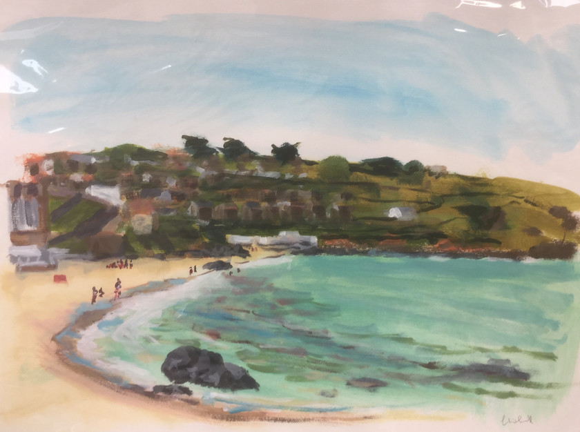 Porthmeor Friday 
 Plein aire landscape, acrylic on Fabriano paper. Unframed 50x70 cms (hxw). Stock No. 222/2016. Price 275. 
 Keywords: Landscape, Plein aire, Porthmeor, Atlantic, ocean, sea, waves, beach, art, painting, acrylic