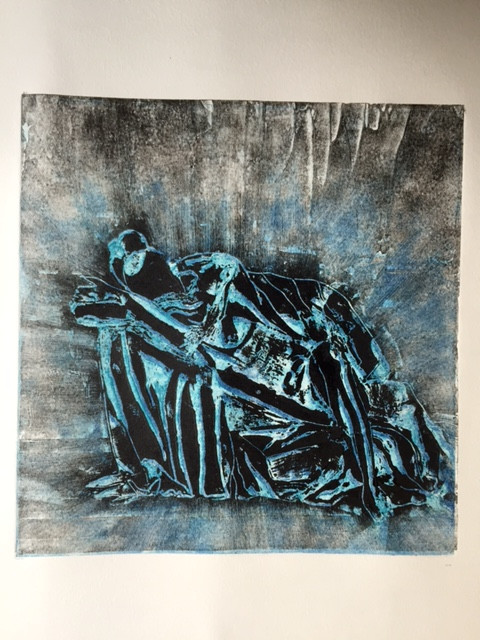 Sleeping VI 
 Collagraph original print 1/1. Framed 46x45 cms. Stock No. 263/2016/07. Price 275. 
 Keywords: Collagraph, original, print, nude, sleeping, rest, dreaming, blue