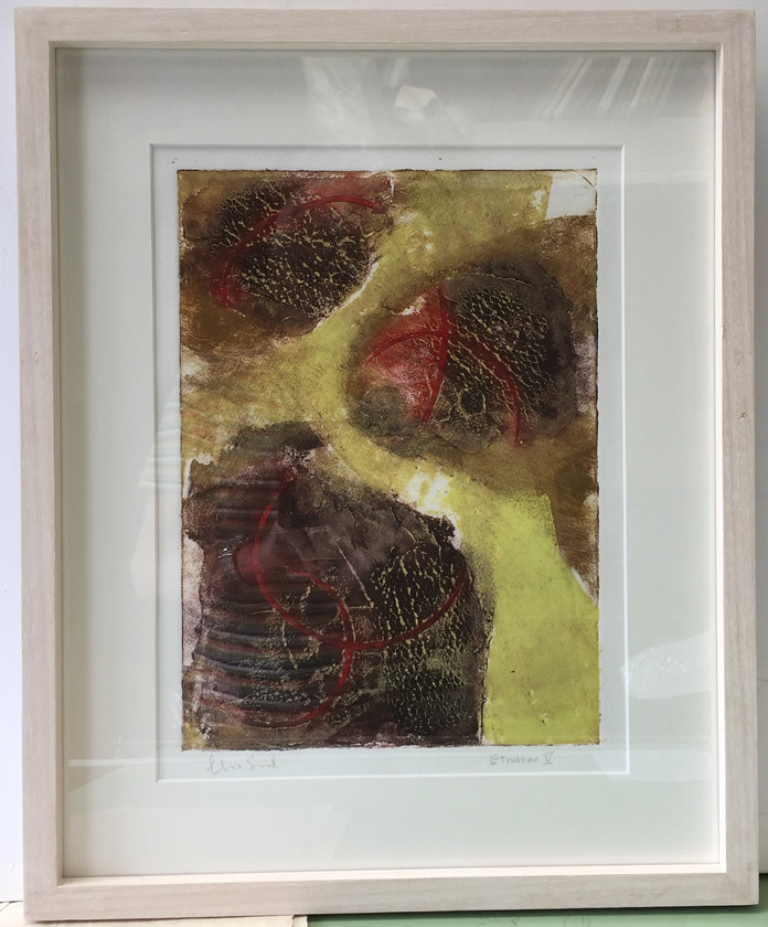 Etruscan V 
 Collagraph on paper 1/1. Framed 56x38 cms. Stock no. 210/2016/02. Price 275. 
 Keywords: Collagraph, Cornwall, Art, Print, Expressive, Contemporary, Abstract, Ancient, St Ives