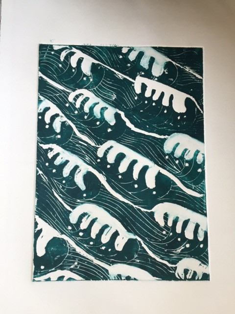 Wave Motion 
 Collagraph original print 1/1. 54x43 cms framed. Stock No.261/2016/07. Price 275. 
 Keywords: Collagraph, original, print, ocean, sea, waves, storm, Japanese