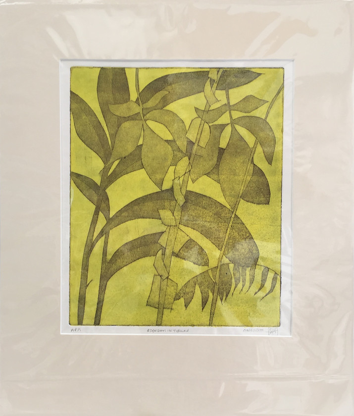 Eden Days in Yellow 
 Etching on paper, 1 of 1. Unframed 41x38 cms. Stock No. 336/2017/08. Price 195. 
 Keywords: Etching, Contemporary, Cornwall, Art, Print, Expressive, Eden Project,