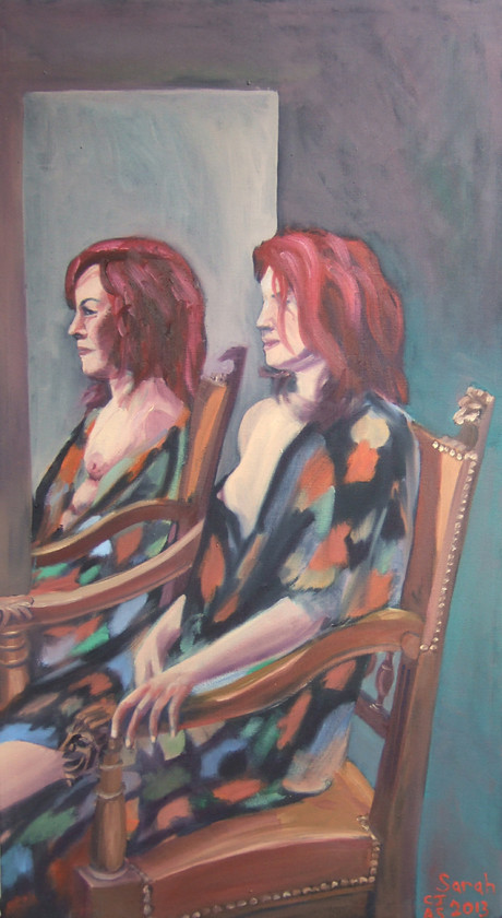 Sarah 1 
 Oil on cloth Stock No.L/002/2013/04 68x38x3 (hwd cm) Price 425 
 Keywords: Portrait girl breast redhead mirror