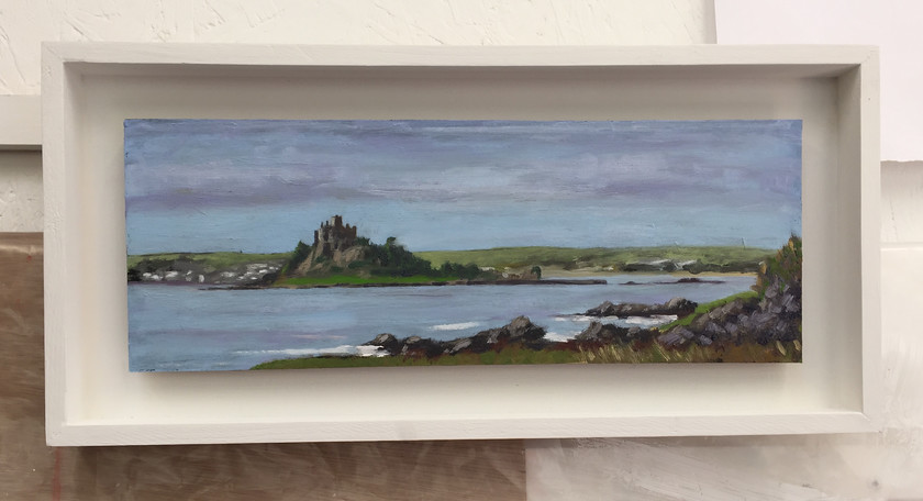 St Michaels Mount 
 Oil on Ply, painted plen aire from the east. Framed 22x47.5x3cms. Stock No. 385/2019/01. Price Sold. 
 Keywords: Oil painting, St Michael, Mount, Seascape, Landscape, Contemporary, Cornwall, Art, Painting, Expressive, Bay, Sea.