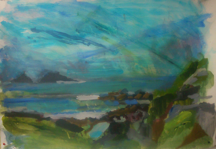 Cape Cornwall I 
 Acrylic on Fabriano paper 94 x 124cm, framed. Stock No. 147/2014/07. Price 1,550. 
 Keywords: The Brisons, Cape Cornwall, Cape, Cornwall, Sea, Islands, Rocks, Expressive, Seascape, Rocks, Colour, Paul Wadsworth