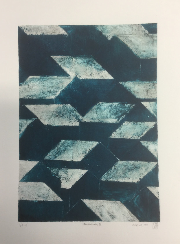 Downalong II 
 Collagraph original print 1/1. Framed 46x37.5 cms. Stock No. 304/2016/10. Price 245. 
 Keywords: Downalong, St Ives, Cornwall, Houses, abstract, art, expressive, dusk, geometric,