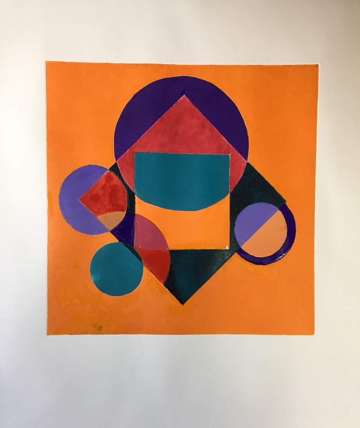 Tangerine Geometry 
 Monoprint on paper. Unframed 45x42.5cms. Stock No. 402/2018/11. Price 225. 
 Keywords: Monoprint, Contemporary, Cornwall, Art, Print, Expressive, Abstract, St Ives