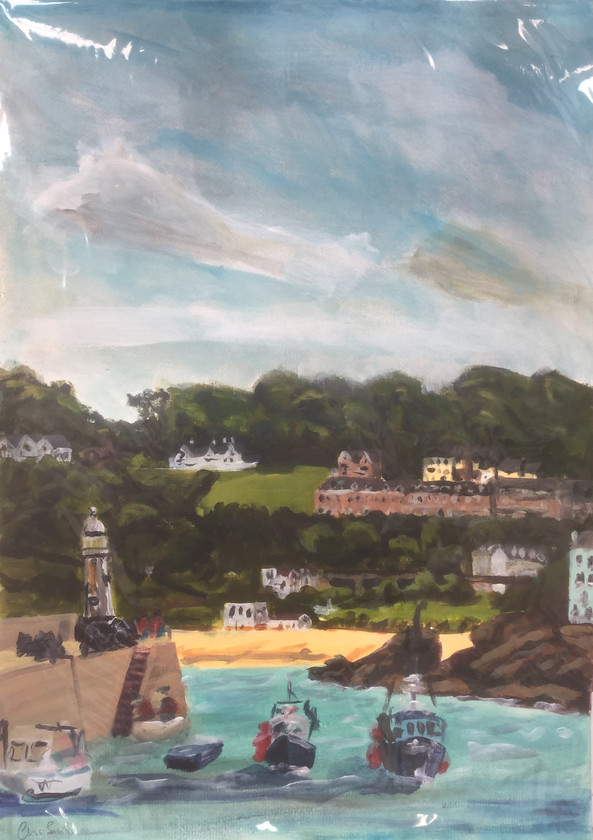 Porthminster 
 Landscape, acrylic on Fabriano paper. Unframed 70x50 cms(hxw). Stock No. 044/2014. Price 140. 
 Keywords: Landscape, StIves, Harbour, Boats, Porthminster, Beach, acrylic, art, painting, lighthouse.