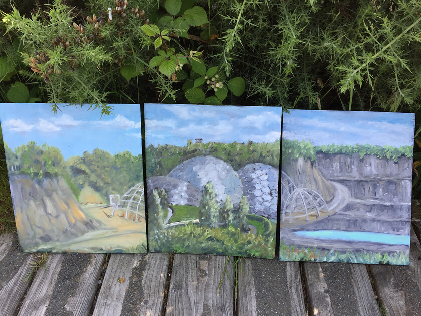 Eden triptych 
 Triptych of the Eden project, painted Plein aire as part of the Sky Art Landscape competition. Oil on plywood. Each panel 35(h) x 30(w) cms. Stock No. 462/2021. Price 600. 
 Keywords: Landscape, Eden, Eden project, sky, arts, bio domes, oil paint, Plein aire , contemporary, colour, expressive, Cornwall StIves