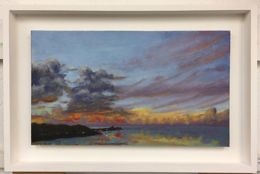 St Ives Dusk 
 Oil on Ply. Framed 32.5x48x3cms. Stock No. 383/2018/12. Price 195. 
 Keywords: Oil painting, St Ives, The Island, Dusk, Sky, Sea, Seascape, Landscape, Cornwall, Contemporary, Art, Painting, Setting sun.