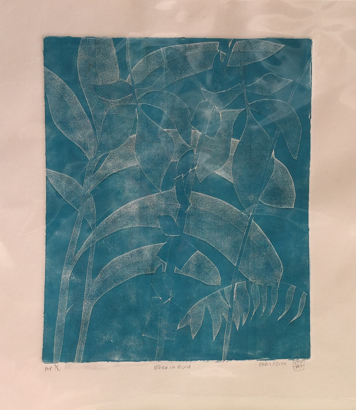 Eden in blue 
 Etching on paper 1/2. Unframed 41x38 cms. Stock no. 337/2017/08. Price 195. 
 Keywords: Etching, Contemporary, Cornwall, Art, Print, Expressive, Eden, Tropical, Plants