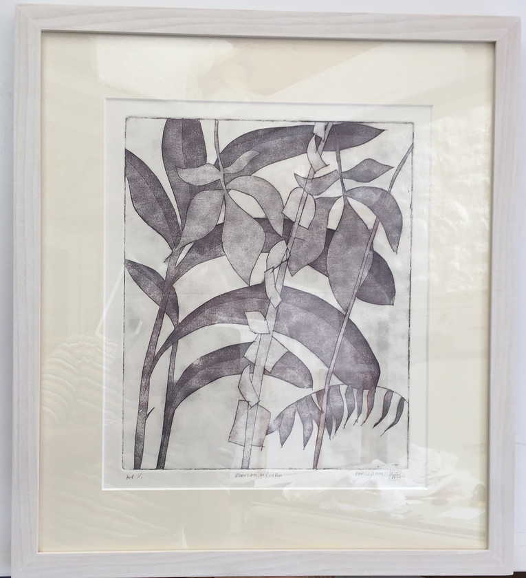 Eden days in purple 
 Etching on paper 1/1. Framed 47.5x42. Stock No. 335/2017/08. Price 275. 
 Keywords: Etching, Contemporary, Cornwall, Art, Print, Expressive, Eden, Palms, Tropical