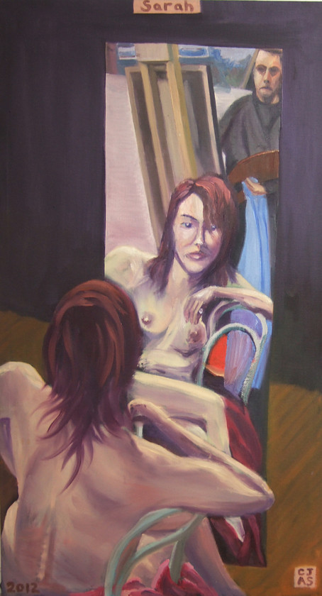 Sarah 
 Oil on cloth Stock No. L/003/2012/08 68x38x3 (hwd cm) Price 425 
 Keywords: Nude Reflection redhead artist mirror