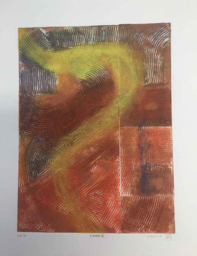 Scrape IV 
 Collagraph original print 1/1. Unframed 56x38 cms. Stock No. 299/2016/12. Price 195. 
 Keywords: Collagraph, scrape, abstract, expressive, art, picture, multi coloured