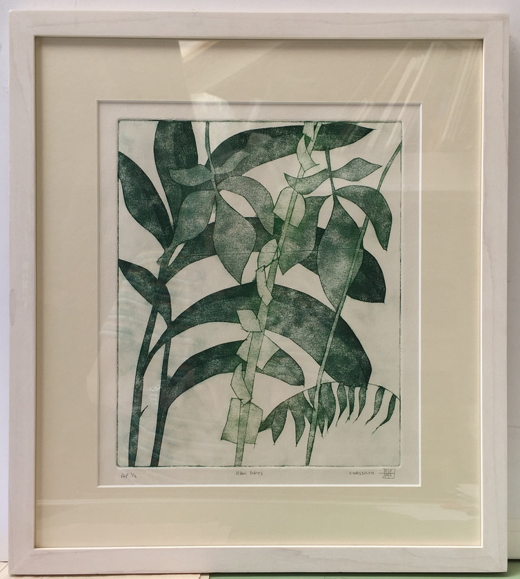 Eden Days 
 Etching on paper 1/2. Framed 47.5x42cms. Stock no. 331/2017/08. Price Sold 
 Keywords: Etching, Contemporary, Cornwall, Art, Print, Expressive, Eden, Tropical, Plants