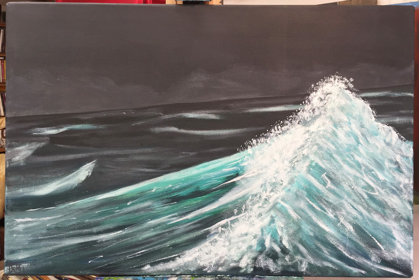 Bow Wave 
 Acrylic on canvas. Unframed 61 x 91 cms. Stock No. 453/2020/03. Price 400. 
 Keywords: Bow wave, wave, ocean, sea, swell, southern ocean, Pacific, Atlantic, landscape, seascape, art, painting, st ives, Cornwall, art for sale.