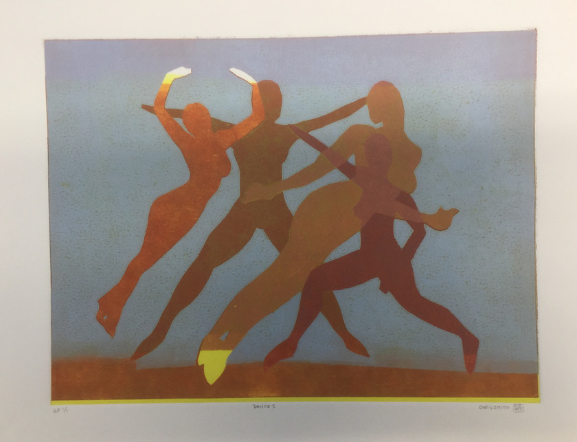 Dance I 
 Multiple layered monoprint. Artists proof 1/1. Framed 44x53 cms. Stock No. 292/2016/12. Price 315. 
 Keywords: Dance, figurative, art, abstract, stencils, expressive, ballet, figures, women