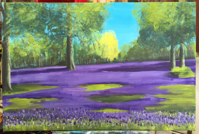 Bluebell 
 Acrylic on canvas. 61 x 91 cms (HxW) Unframed. Stock No. 451/2020/03. Price 450. 
 Keywords: Bluebell, woods, woodland, spring, landscape, painting, art, St Ives, Cornwall, contemporary, colour, art for sale